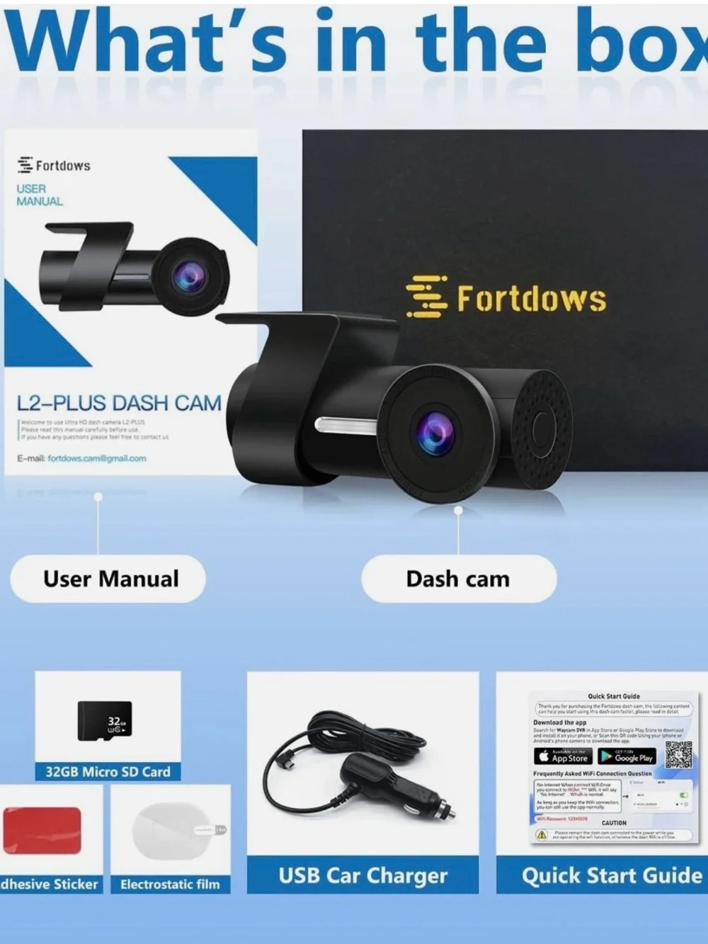 WiFi 2K Dash Cam 1440p Front Camera 32GB SD Card Night Vision G-Sensor Sealed NI